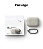 AirPods Pro 3 Case | Onyx Magnetic - Warm gray protective case, black carabiner, and retail packaging box.