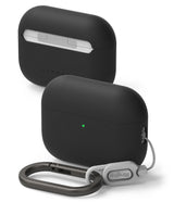 AirPods Pro 3 Case | Silicone - Matte black silicone case for AirPods Pro 3 with a carabiner and gray lanyard attachment.