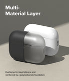 AirPods Pro 3 Case | Silicone - Exploded view showing a black silicone shell over a silver polycarbonate inner case.