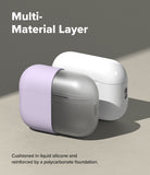 AirPods Pro 3 Case | Silicone - A lavender silicone case partially covering a grey polycarbonate AirPods Pro 3 shell.