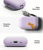 AirPods Pro 3 Case | Silicone - Lavender case showing strap hole, liquid-repellent coating, and precise charging port cutouts.