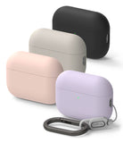 AirPods Pro 3 Case | Silicone - Four matte silicone AirPods Pro 3 cases in black, beige, pink, and purple with a carabiner.