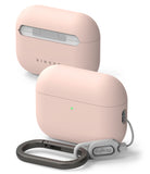 AirPods Pro 3 Case | Silicone - Two soft pink silicone cases for AirPods Pro 3 with a grey carabiner and lanyard attachment.