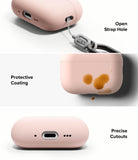 AirPods Pro 3 Case | Silicone - Pink silicone case showing a strap hole, liquid-repellent coating, and precise cutouts.