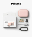 AirPods Pro 3 Case | Silicone - Packaging, pink silicone case, adhesive strips, strap, and black carabiner on white.