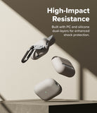 AirPods Pro 3 Case | Silicone - Three beige silicone cases floating against a beige wall with text about impact resistance.