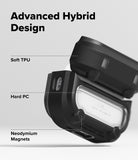 AirPods Pro 3 Case | UX Magnetic - Diagram of a black hybrid case highlighting soft TPU, hard PC, and neodymium magnets.