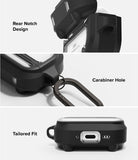 AirPods Pro 3 Case | UX Magnetic - Three-panel view showing rear notch, carabiner attachment, and bottom charging port fit.