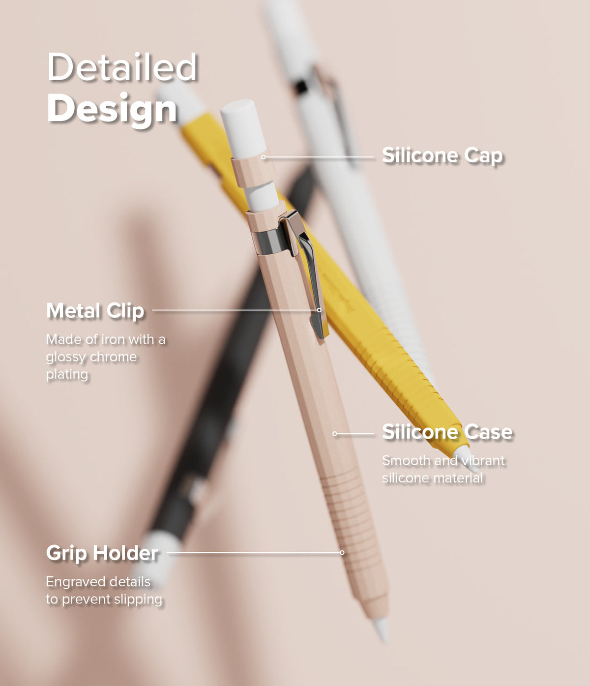 Apple Pencil Pro / 2nd Generation Case | Silicone Drafting Pencil Case - Apple Pencil Pro / 2nd Generation Case - Labeled diagram showing silicone Apple Pencil cases with metal clips and grips.