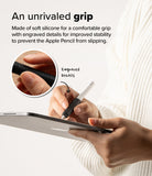 Apple Pencil Case | Silicone Drafting Grip Holder - Apple Pencil Case - Hand holding an Apple Pencil with a black silicone grip, featuring a zoomed-in view of engraved details.