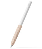 Apple Pencil Case | Silicone Drafting Grip Holder - Apple Pencil Case - White Apple Pencil with a beige, ribbed silicone drafting grip holder featuring Ringke branding.