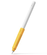 Apple Pencil Case | Silicone Drafting Grip Holder - White Apple Pencil with a yellow ribbed silicone grip sleeve.