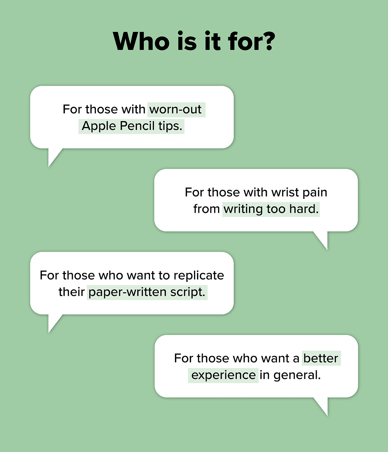 Apple Pencil | 2B Tip - Infographic on a green background listing four user benefits for the 2B tip inside speech bubbles.