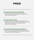 Apple Pencil | HB Tip - FAQ list regarding screen protector usage, tip replacement frequency, and Bluetooth connection troubleshooting.