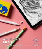 Apple Pencil | HB Tip - Apple Pencil with HB tip, a spare tip, and a wooden pencil on a pink background next to a tablet.