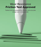 Apple Pencil | HB Tip - Close-up of a white stylus tip drawing a black line on a green background with text about wear resistance.