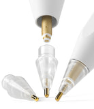 Apple Pencil | Metal Tip - Exploded view of a white stylus with a gold internal connector and clear, screw-on metal tips.