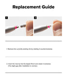Apple Pencil | Metal Tip - Two-step guide showing how to unscrew the old nib and screw on the new metal tip.