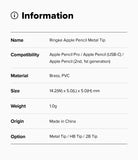 Apple Pencil | Metal Tip - Information table listing specifications for Ringke Apple Pencil Metal Tip including compatibility.