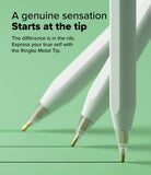 Apple Pencil | Metal Tip - Three white styluses with gold metal tips resting on a green surface, drawing thin black lines.