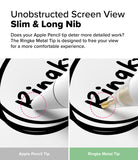Apple Pencil | Metal Tip - Comparison showing a standard white tip obscuring text versus a slim metal tip providing clear visibility.