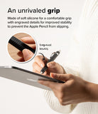 Apple Pencil USB-C Case | Silicone Drafting Pencil Case - Apple Pencil USB-C Case - Hand holding a black silicone-sleeved Apple Pencil with engraved grip details against a tablet.