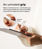 Apple Pencil USB-C Case | Silicone Drafting Pencil Case - Apple Pencil USB-C Case - Hand holding an Apple Pencil with a textured silicone grip while writing on a tablet.