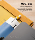 Apple Pencil USB-C Case | Silicone Drafting Pencil Case - Apple Pencil USB-C Case - A yellow silicone Apple Pencil case with a metal clip attached to a notebook on a wooden desk.