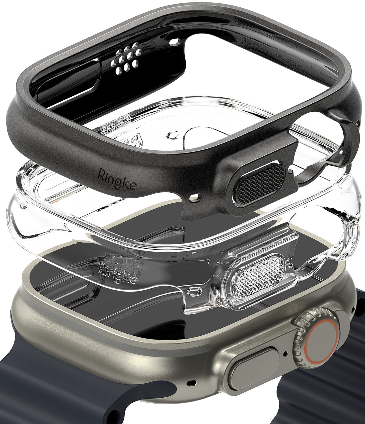 Apple Watch Ultra 3 / 2 / 1 Case | Slim - Exploded view of a black and clear protective case hovering over an Apple Watch.