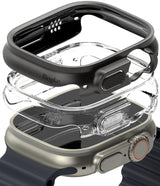 Apple Watch Ultra 3 / 2 / 1 Case | Slim - Exploded view of a black and clear protective case hovering over an Apple Watch.