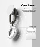 AirTag Case | Slim [1 Pack] - Clear AirTag case with a speaker hole, hanging from a carabiner, showing sound wave graphics.