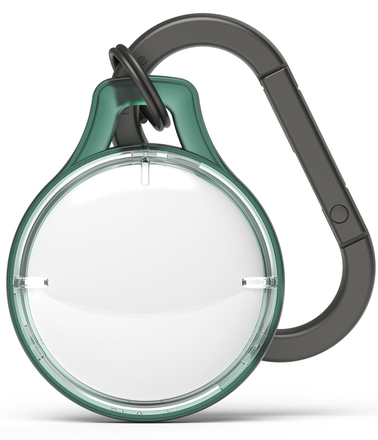 AirTag Case | Slim [1 Pack] - A dark green, circular AirTag case with a clear center and a matching dark grey carabiner.