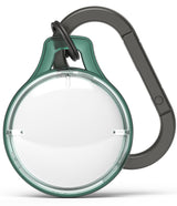 AirTag Case | Slim [1 Pack] - A dark green, circular AirTag case with a clear center and a matching dark grey carabiner.