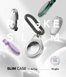 AirTag Case | Slim [1 Pack] - Floating clear AirTag cases with black carabiner against a white background.