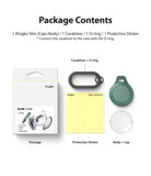 AirTag Case | Slim [1 Pack] - Package contents showing a retail box, carabiner, O-ring, protective stickers, and case parts.