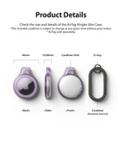 AirTag Case | Slim [1 Pack] - Technical diagram showing dimensions and views of a purple AirTag case with a black carabiner.