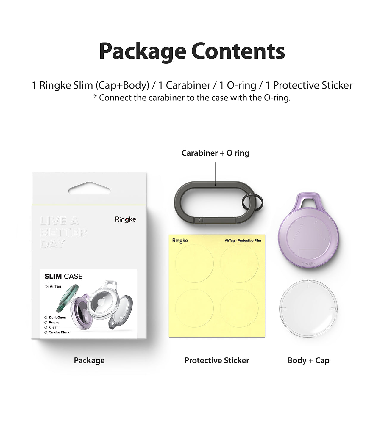 AirTag Case | Slim [1 Pack] - Package contents showing a retail box, carabiner, O-ring, protective stickers, and case parts.
