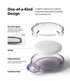 AirTag Case | Slim [1 Pack] - Exploded view of a clear, purple polycarbonate AirTag case with an acoustic gap and carabiner hole.