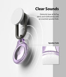 AirTag Case | Slim [1 Pack] - Purple AirTag case with a speaker hole hanging from a wall hook with sound waves.