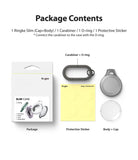 AirTag Case | Slim [1 Pack] - Package contents showing a retail box, carabiner, O-ring, protective stickers, and case parts.