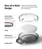 AirTag Case | Slim [1 Pack] - Exploded view of a clear polycarbonate AirTag case with a white AirTag and carabiner hole.