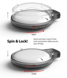 AirTag Case | Slim [1 Pack] - Diagram showing a 3-point twist-lock mechanism opening and closing to secure an AirTag.