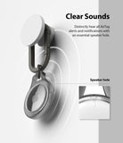 AirTag Case | Slim [1 Pack] - AirTag in a clear case with a carabiner, showing sound waves and a close-up of the speaker hole.