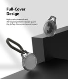 AirTag Case | Slim [1 Pack] - Two clear protective AirTag cases, one with a black carabiner, on a dark geometric background.