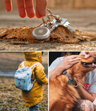 AirTag Case | Slim [1 Pack] - AirTag in a slim clear case attached to keys, a child's backpack, and a dog collar.