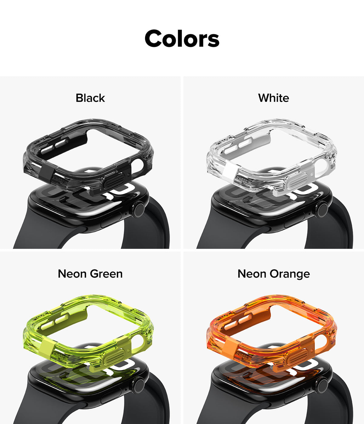Apple Watch 11 / 10 (42mm) Case | Fusion Bumper - Four color options of transparent watch bumpers in black, white, neon green, and neon orange.