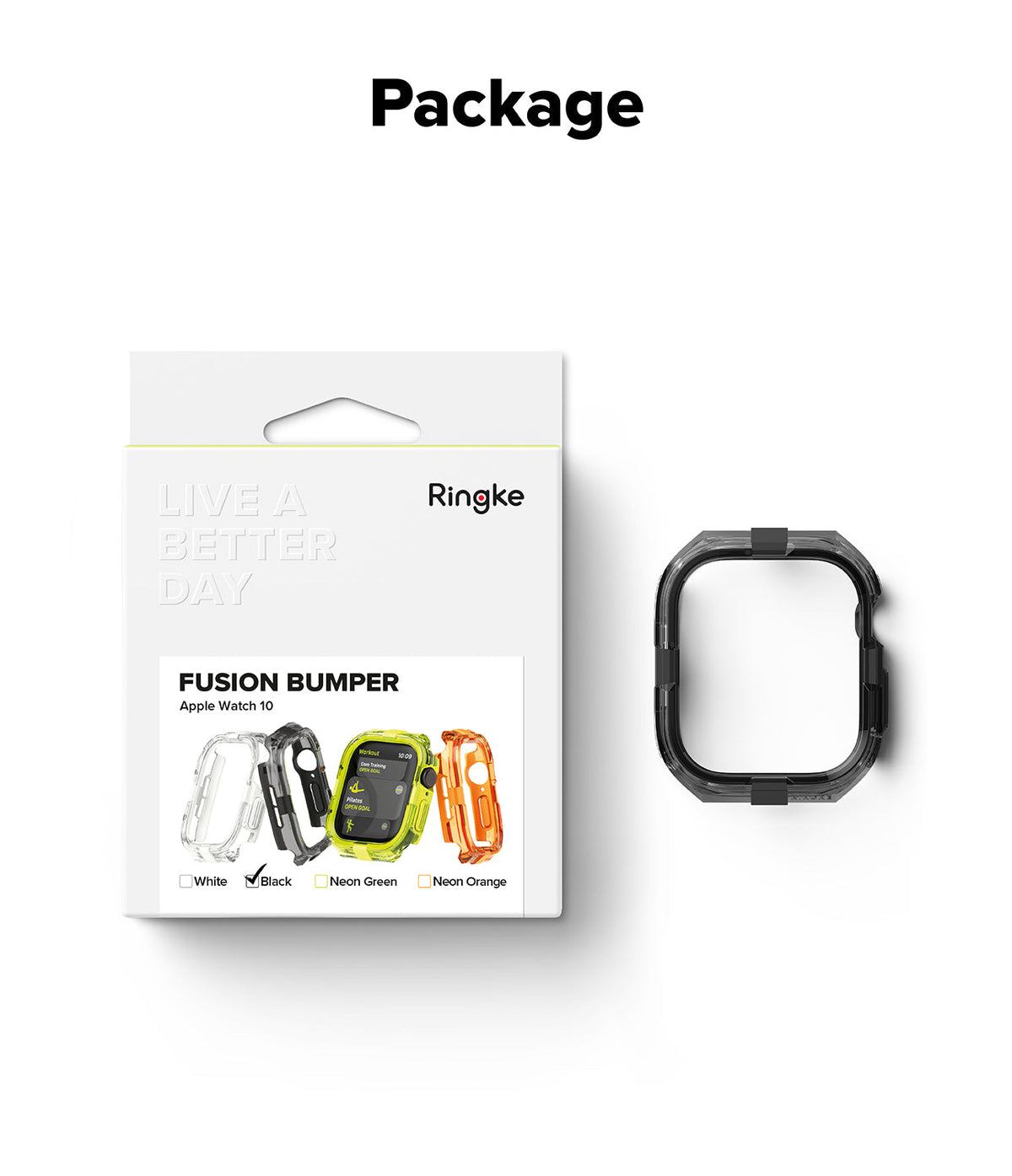 Apple Watch 11 / 10 (42mm) Case | Fusion Bumper - Ringke Fusion Bumper packaging with a black watch case shown next to it.