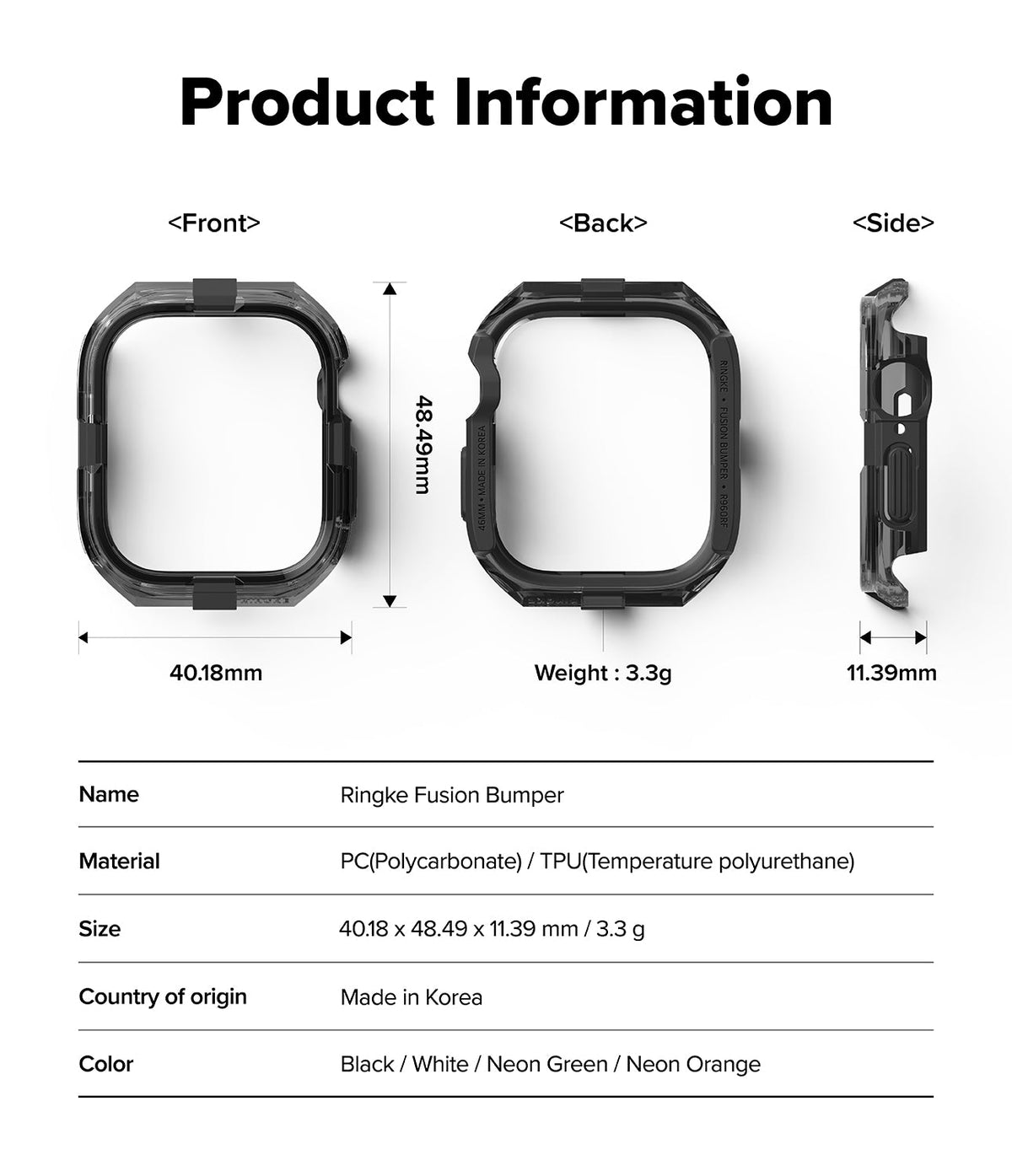 Apple Watch 11 / 10 (42mm) Case | Fusion Bumper - Technical diagram showing front, back, and side views with dimensions.