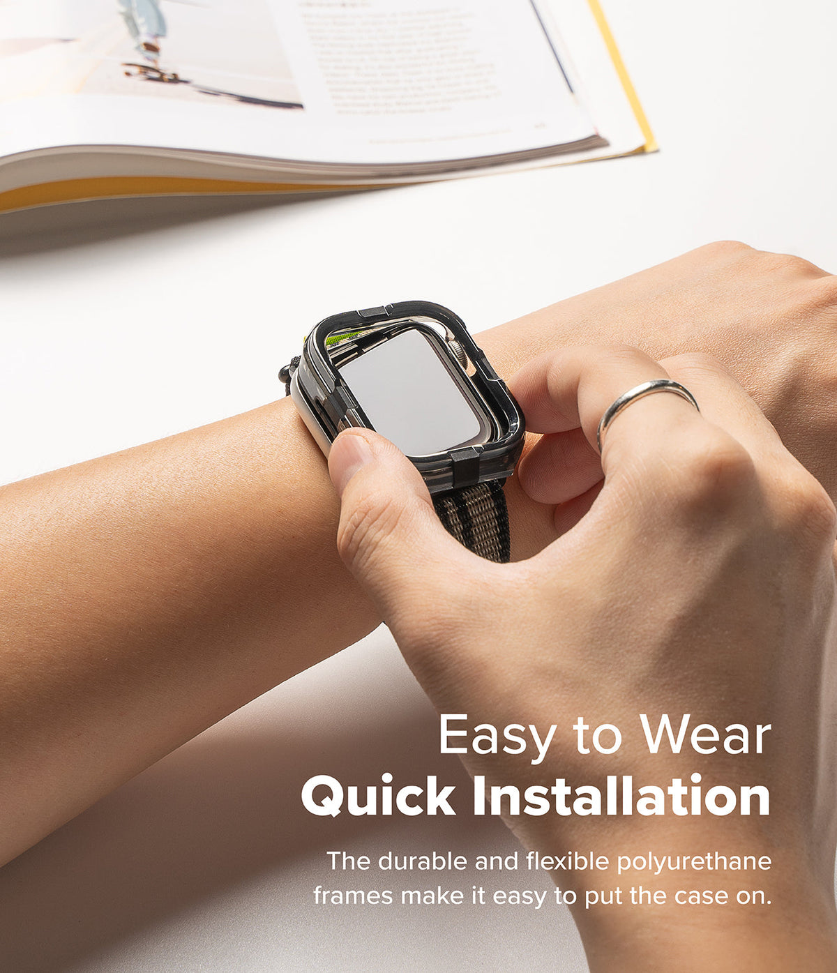 Apple Watch 11 / 10 (42mm) Case | Fusion Bumper - Hands snapping a flexible black bumper case onto an Apple Watch.