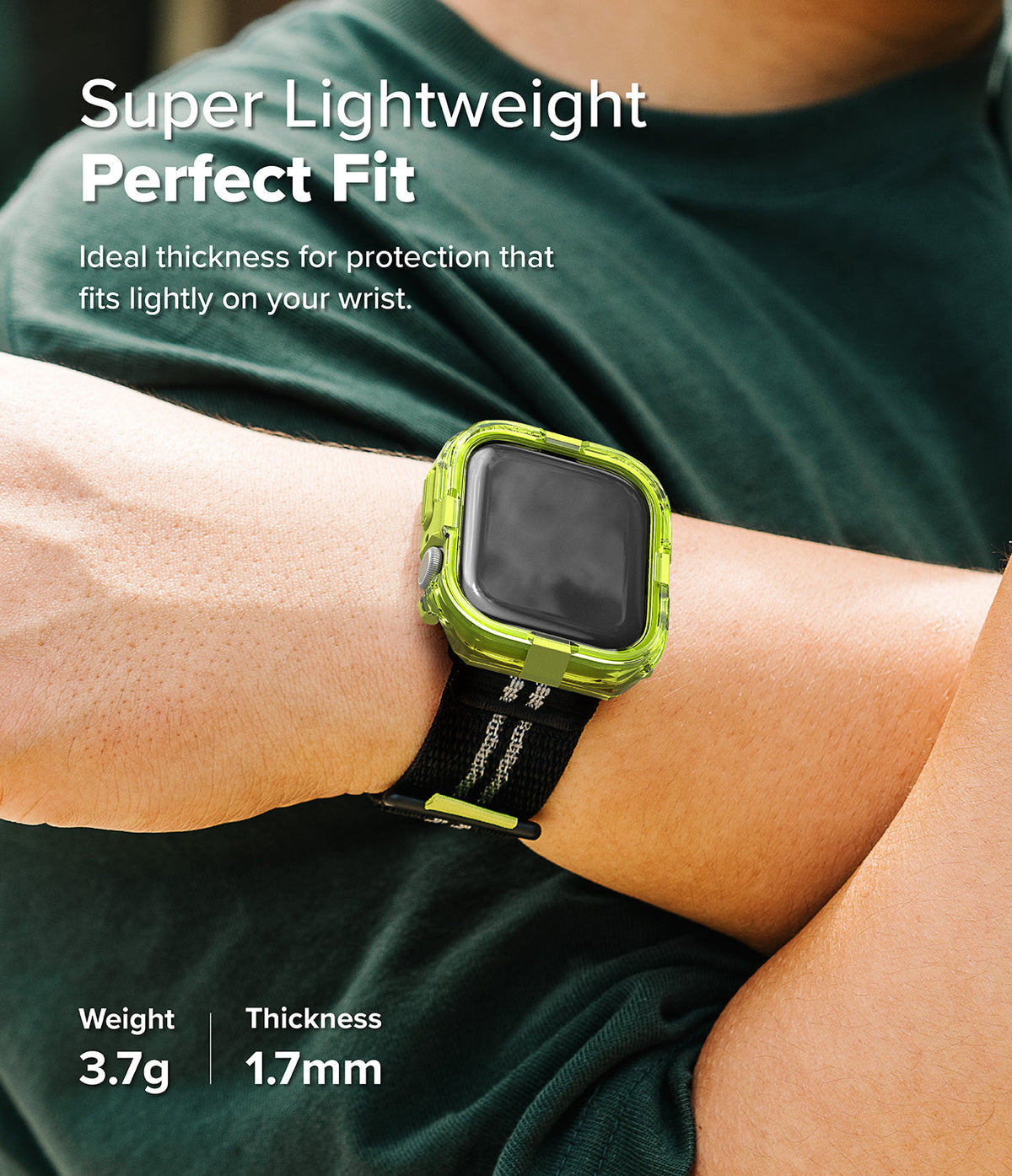 Apple Watch 11 / 10 (42mm) Case | Fusion Bumper - Neon green translucent bumper case on an Apple Watch worn on a wrist.